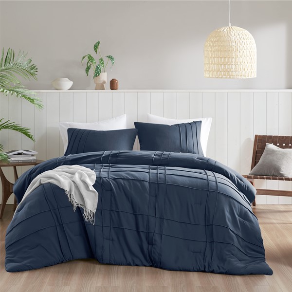 Comfort Spaces Walker Soft Washed Pleated Comforter Set in Navy, Full AM10-0456